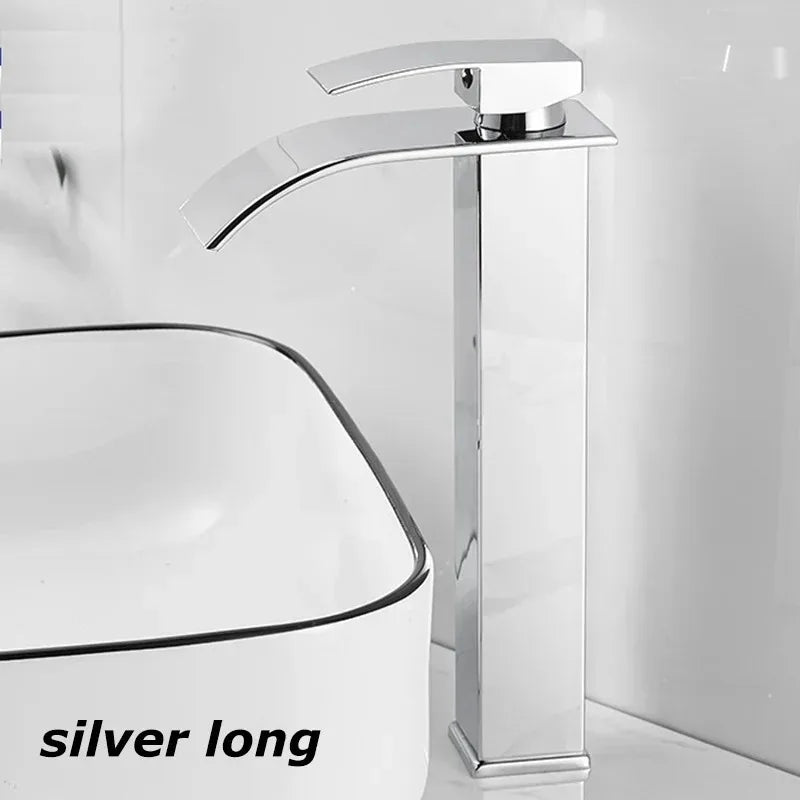 Black Waterfall Bathroom Basin Faucet – Stainless Steel Deck-Mounted High-Low Mixer Tap, Hot & Cold