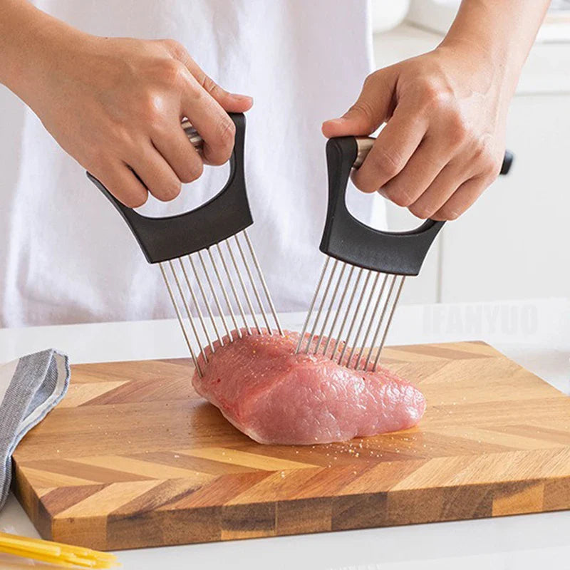 Colorful Onion Slicer with Stainless Steel Holder – Hands-Free Vegetable & Potato Chopper