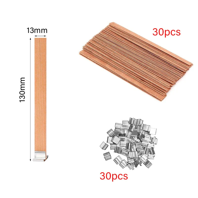30/50-Pack Cherry Wood Candle Wicks with Metal Clip Bases – Smokeless Wooden Wicks for DIY Jar Candles