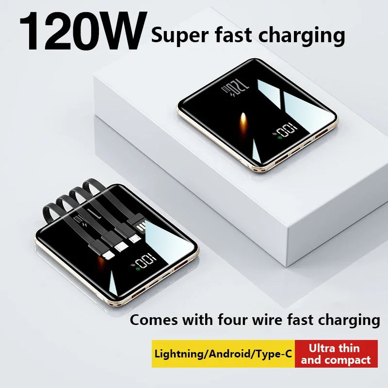 500,000 mAh Mini Power Bank Built-in 4 Cables 120W Fast Charging Portable External Battery for Android & iOS