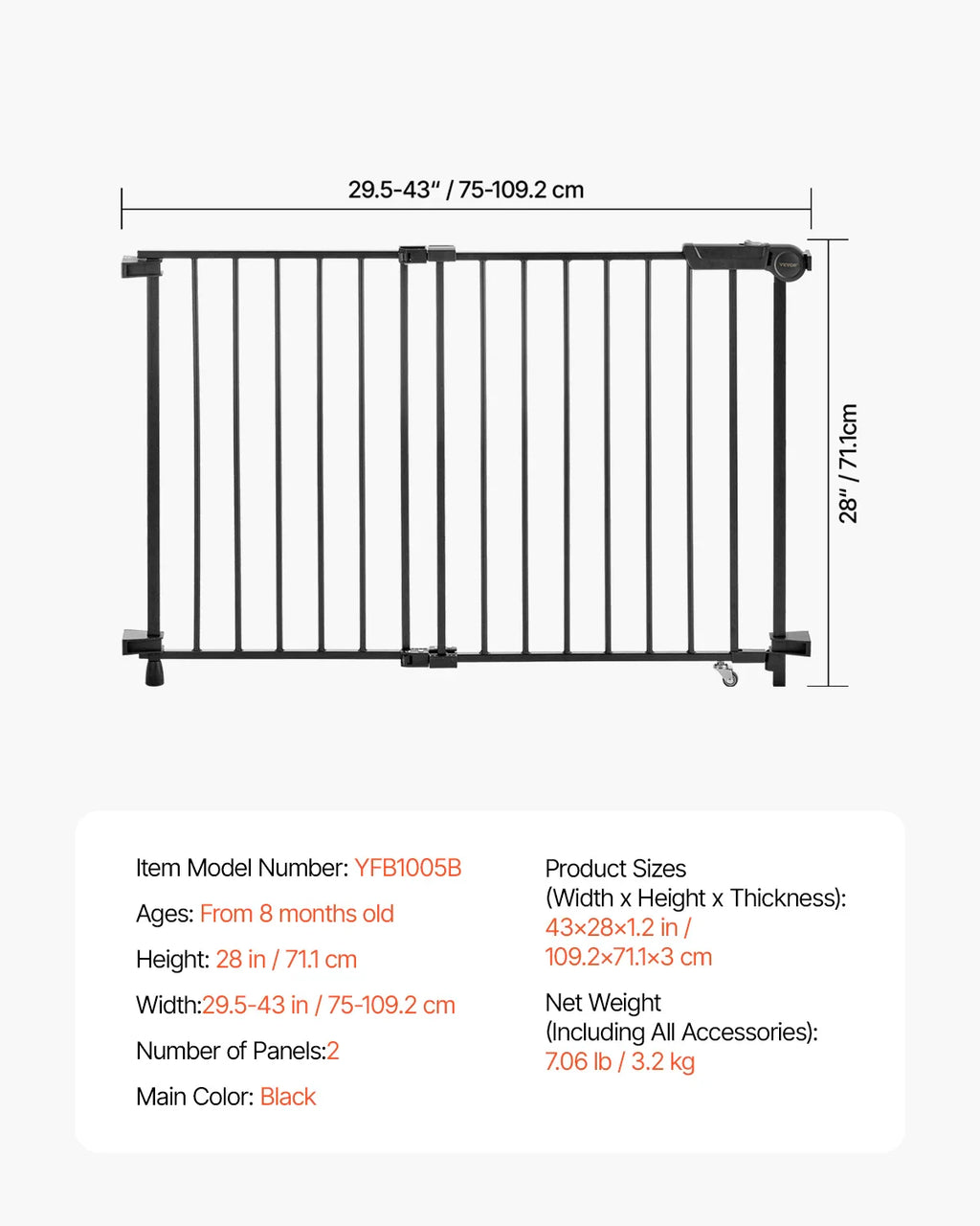 Adjustable Baby & Pet Gate 29.5–43 in (75–109 cm) Width, 28 in (71 cm) High Walk-Through No-Threshold Gate with One-Hand Double-Lock