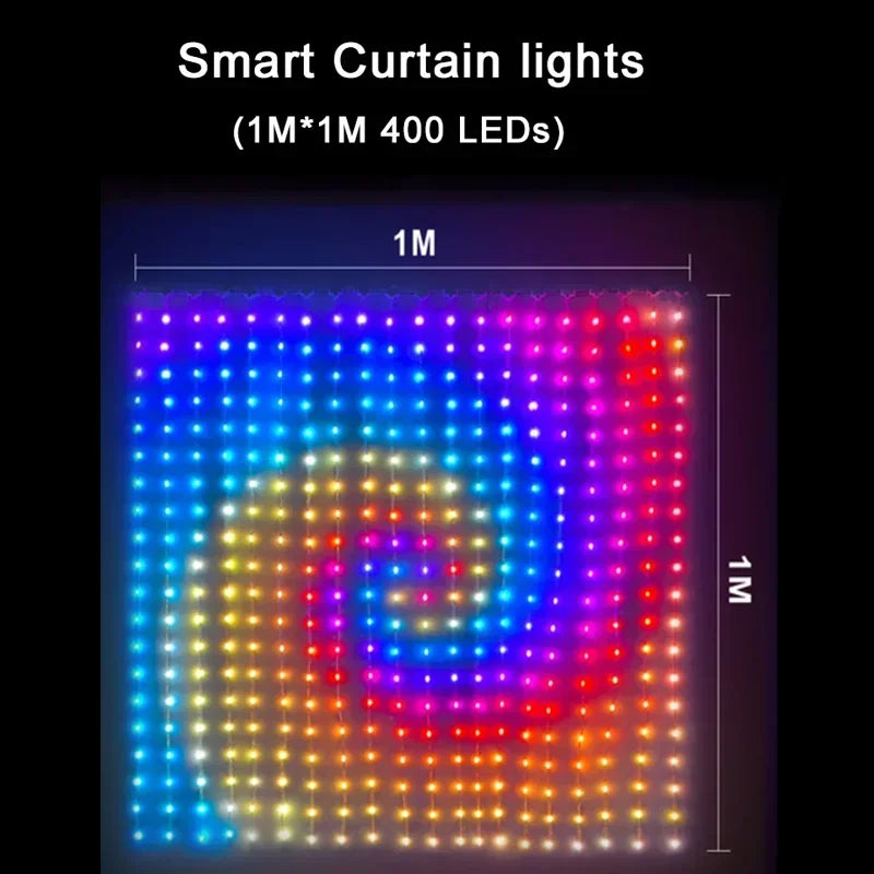 400 LED Smart Curtain Fairy Lights - App & Remote, Music Sync RGB, IP65 Waterproof, 1×1–3×3 m (3.3–9.8 ft)