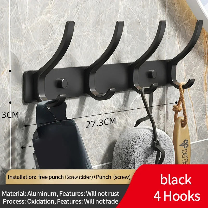 6-Peg Folding Wall Hooks – Aluminum Nail-Mount Towel & Coat Rack, Black/White