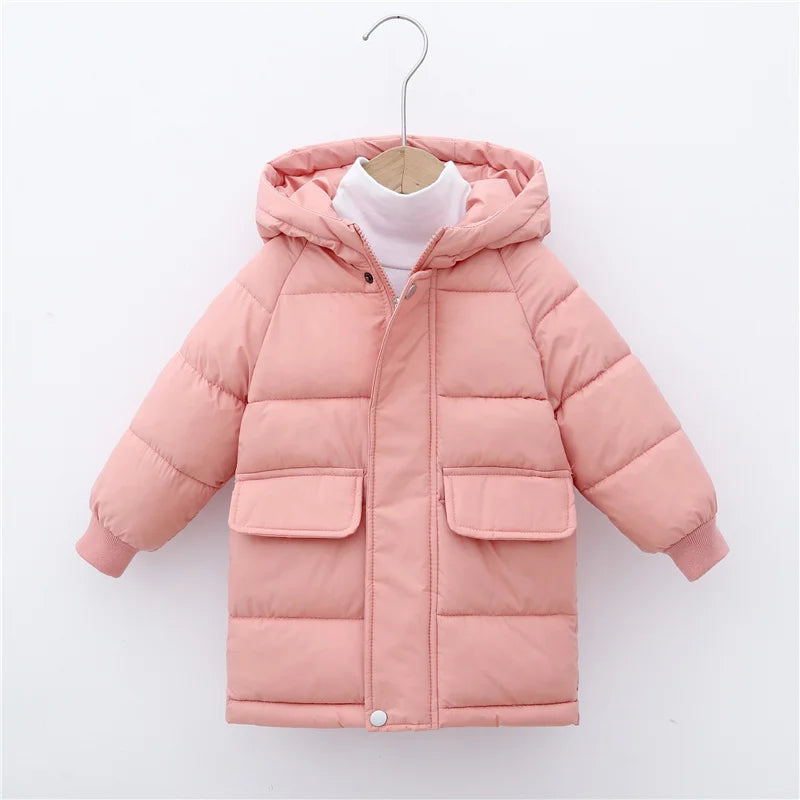 Kids Hooded Long Down Parka Coat - Warm Zippered Winter Jacket for Boys & Girls