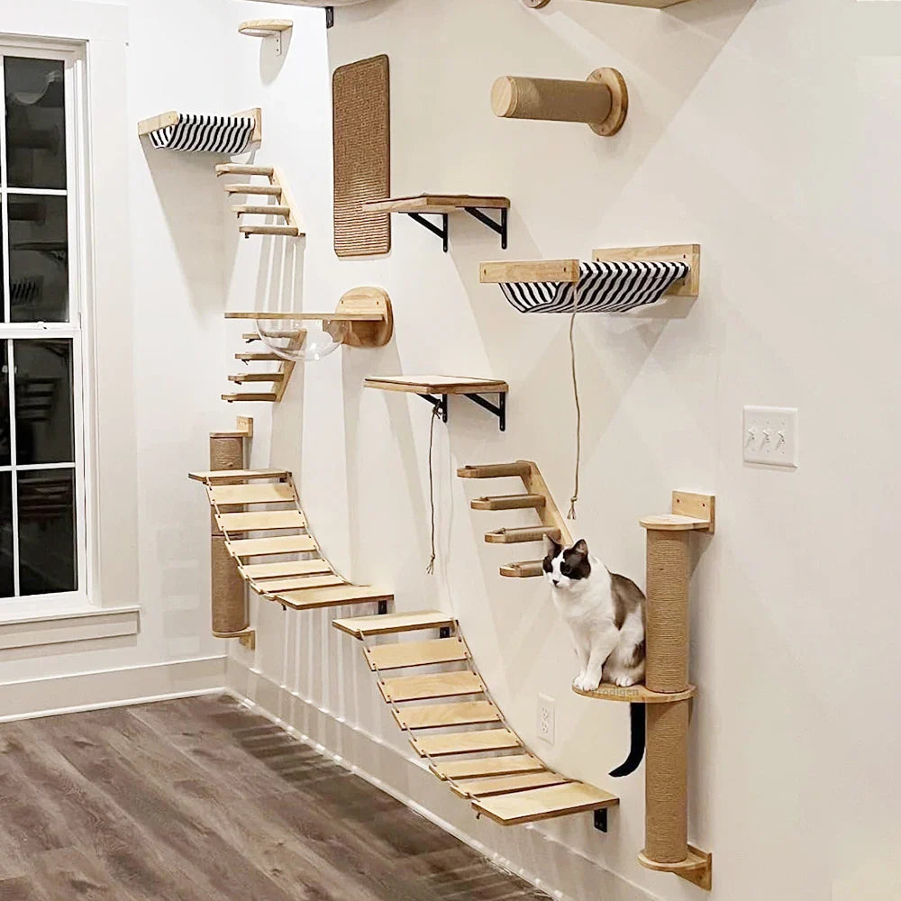Wall-Mounted Cat Climbing Shelves with Steps, Scratching Post and Hideaway Bed