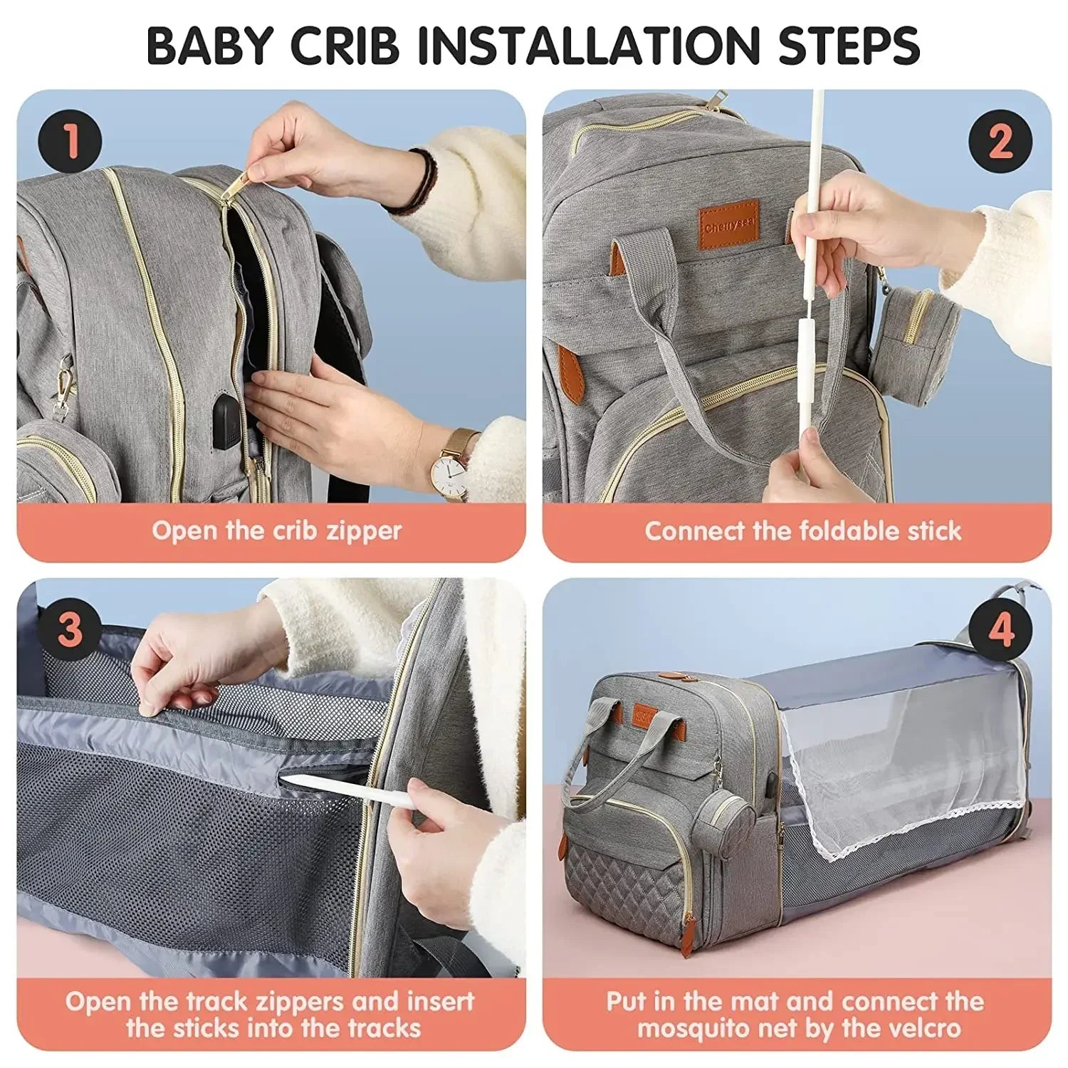 3-in-1 Diaper Bag Backpack with Foldable Changing Bed, Waterproof Travel Bag with USB Charging Port