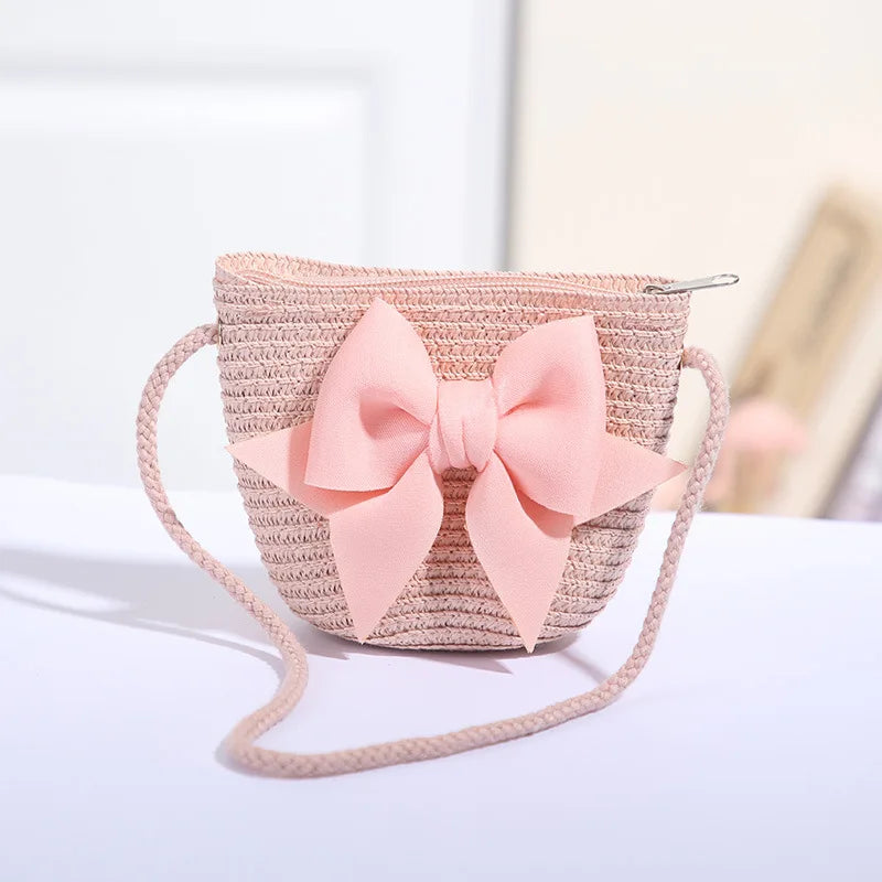 Girls Straw Floral Messenger Backpack with Zipper – Japan & Korean Style Kids Bag 12 x 14 cm (4.7 x 5.5 in)
