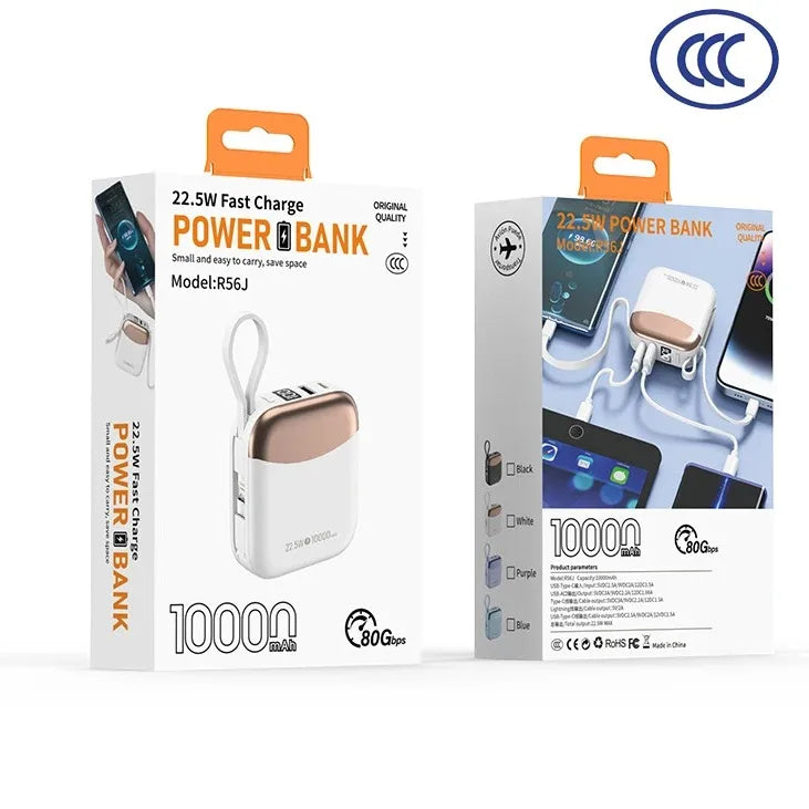 10000mAh 65W Portable Power Bank with Built-In USB-C Cable Fast Charge External Battery for iPhone Xiaomi Huawei Samsung