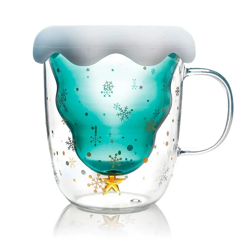 Christmas Tree Double Wall Glass Coffee Mug 300ml (10 fl oz), Heat-Resistant Cartoon Snow Mountain Design