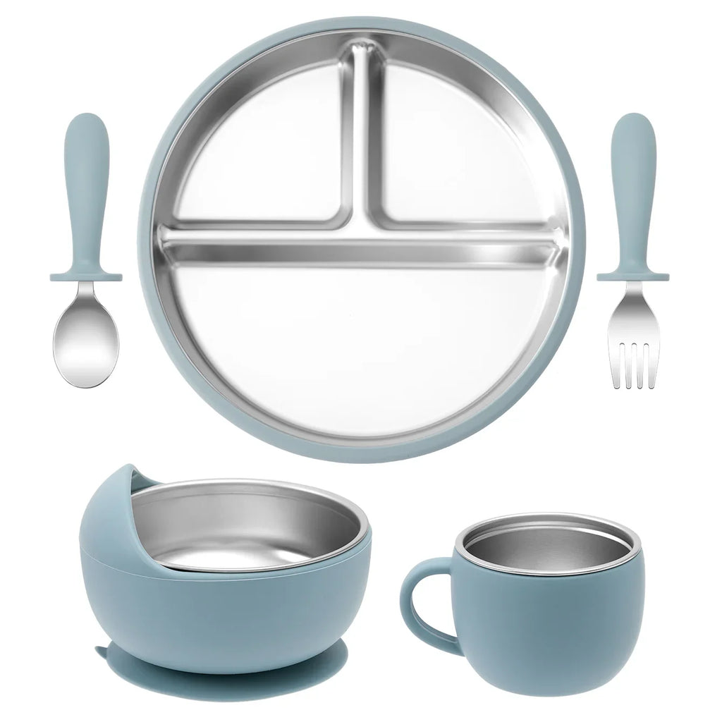 5-Piece Baby Feeding Set — Stainless Steel Plates & Utensils with Detachable Silicone Suction Bowl, BPA-Free Infant Fork Spoon Cup