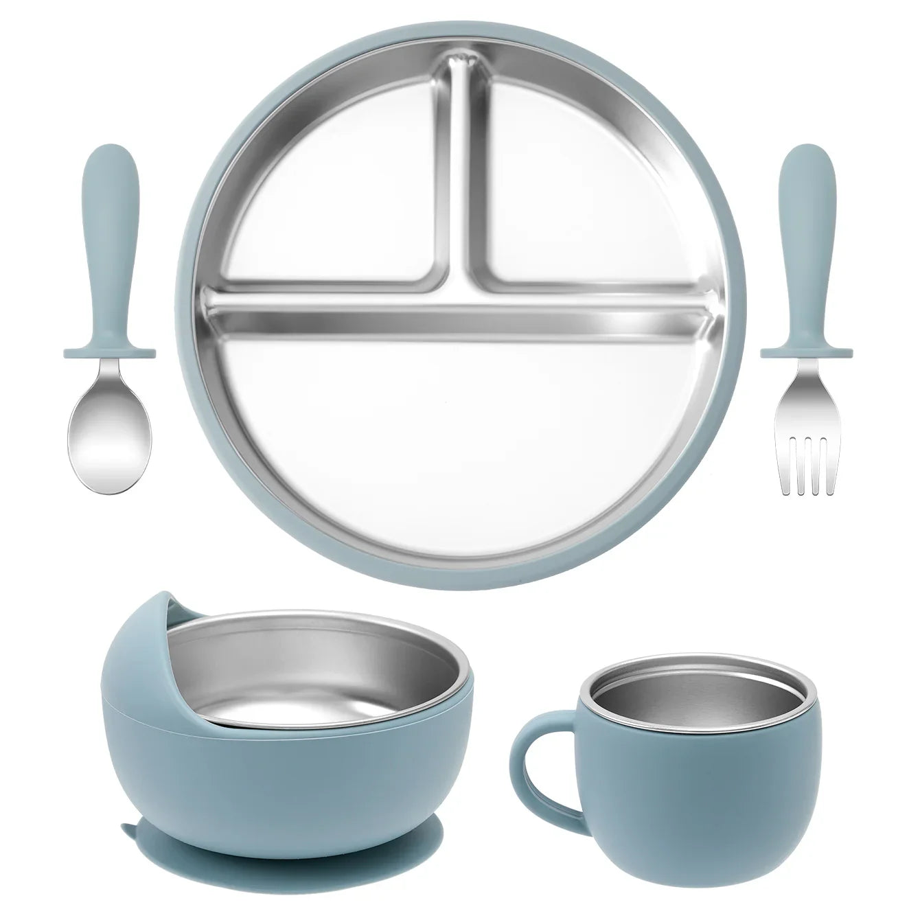 5-Piece Baby Feeding Set — Stainless Steel Plates & Utensils with Detachable Silicone Suction Bowl, BPA-Free Infant Fork Spoon Cup