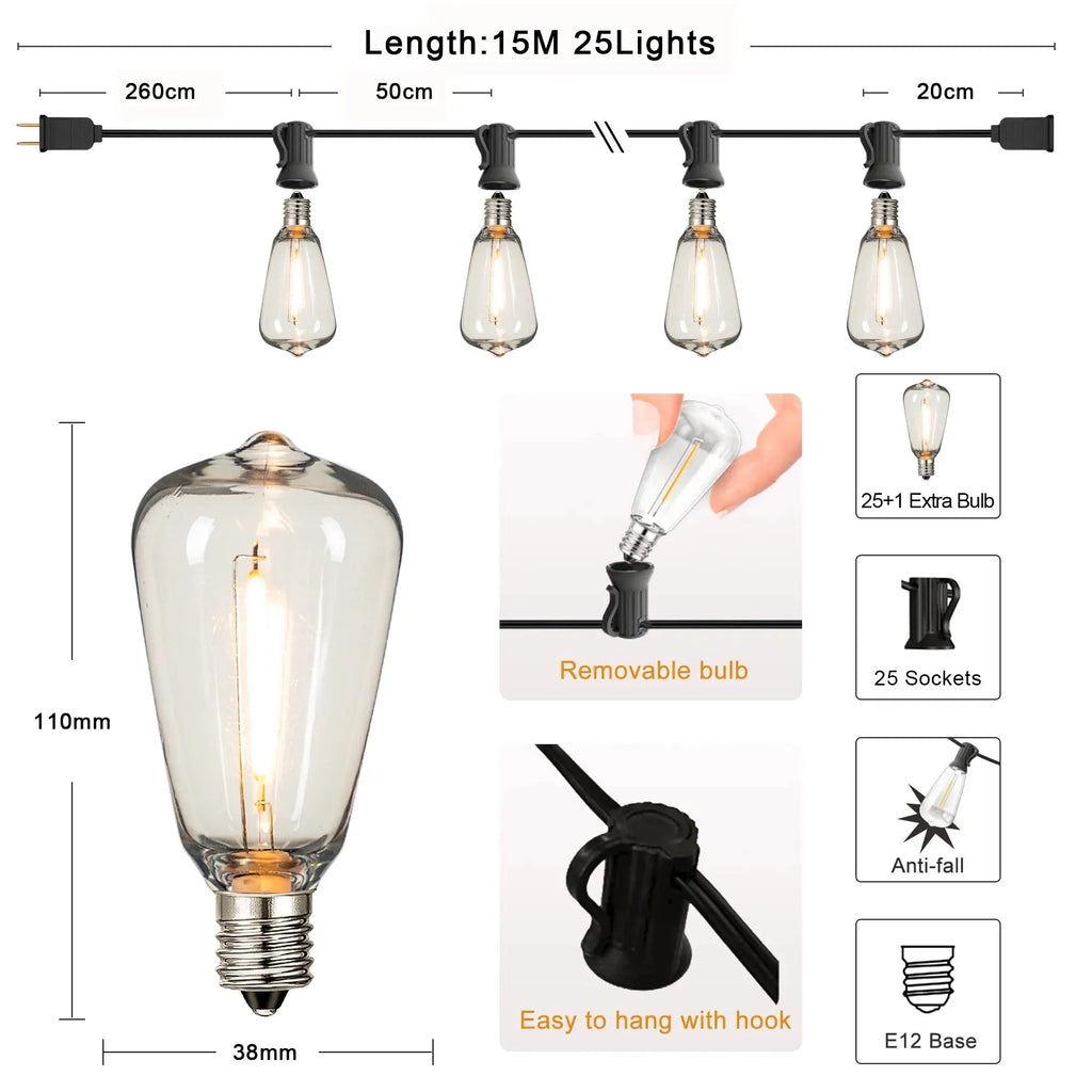 Connectable Waterproof LED String Lights with Shatterproof Water-Drop Bulbs – Dimmable Patio & Garden Garland