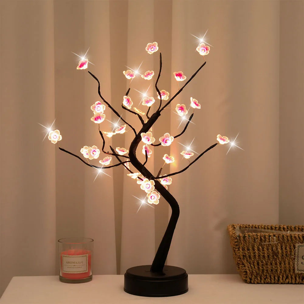 Cherry Blossom Bonsai LED Table Lamp 19.7in (50cm) USB or 3×AA Battery Powered Touch Sensor Night Light Tabletop Decorative Tree