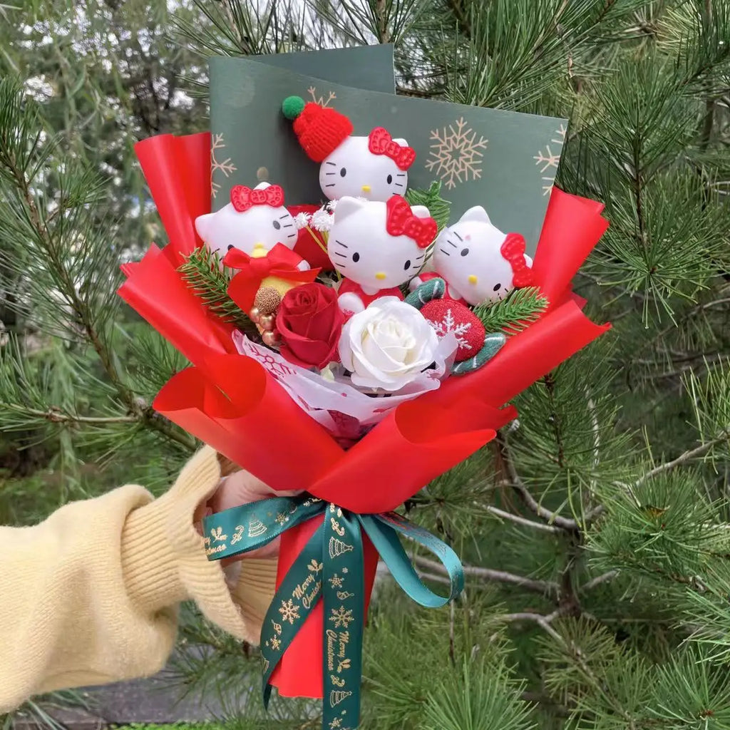 Kawaii Cat Plush Bouquet with Artificial Flowers — Cute Plush Doll Gift for Her, Valentine, Birthday, Graduation