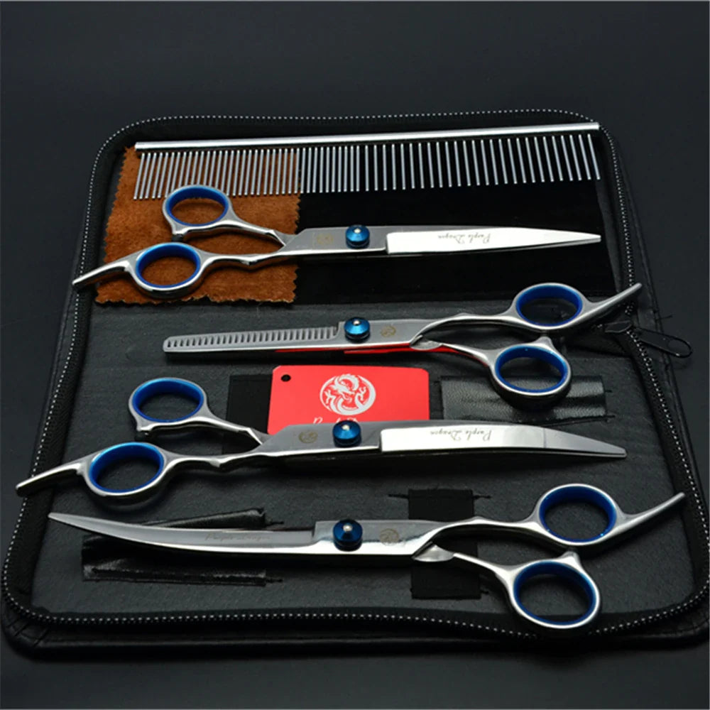 Dog Grooming Scissors Set 6" (15 cm) & 7" (17.5 cm) Stainless Steel Pet Shears — Thinning, Curved & Cutting