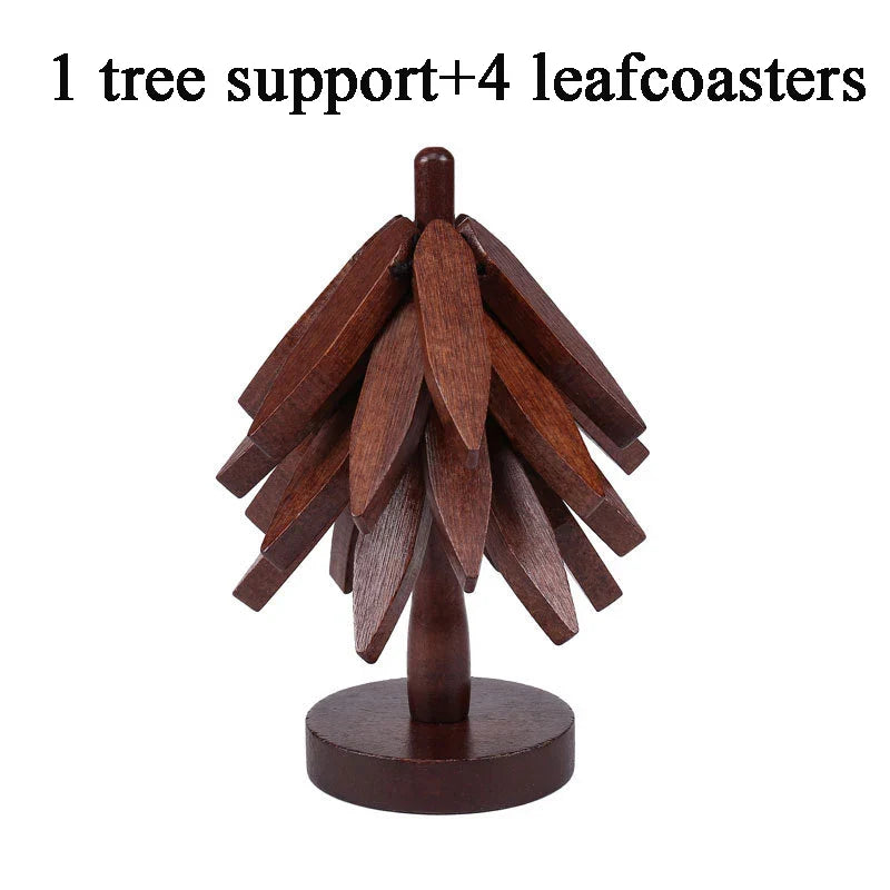 Tree-Shaped Wooden Trivet Set – 4 Foldable Trivets + Stand | Natural Wood Hot Pads for Pots, Teapots & Bowls
