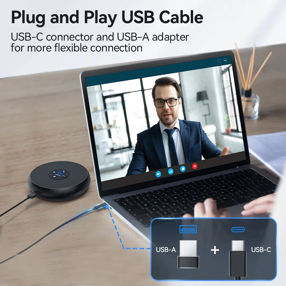 USB Wired Conference Speakerphone with 2 Mics – 360° Voice Pickup, Certified for Online Meetings, Office & Home