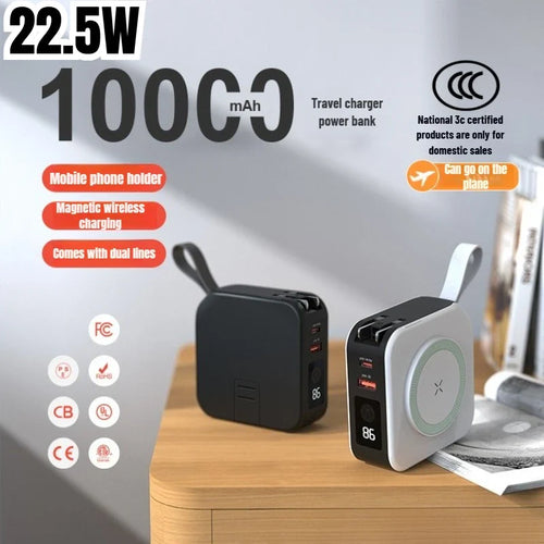 10000mAh Magnetic Wireless Power Bank 23W Fast Charging with AC Plug – 5-in-1 Portable Charger