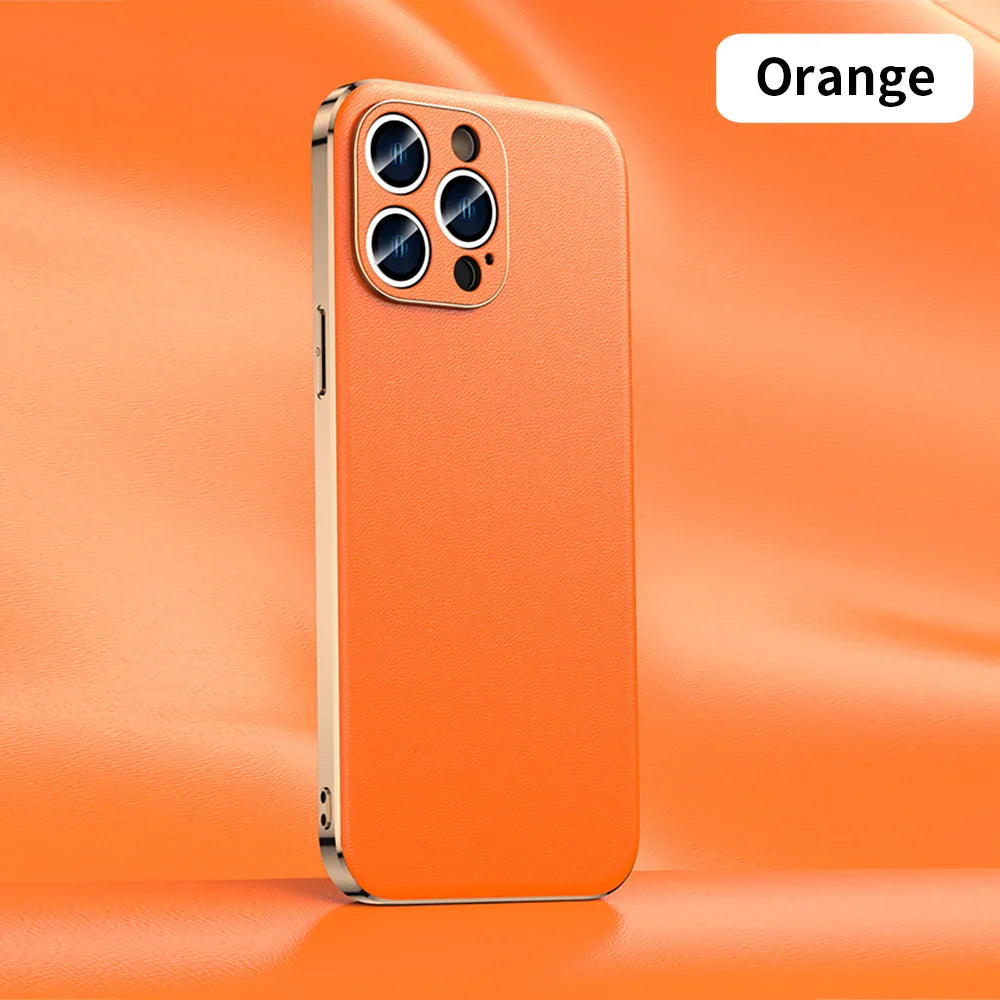 Genuine Cowhide Leather Phone Case for iPhone 16 15 11 12 13 14 Pro Max Luxury Plating Shockproof Lens Protection Back Cover