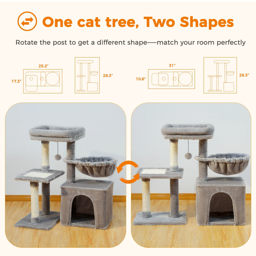 3-Tier Indoor Cat Tree Tower with Sisal Scratching Posts, Large Hammock & Removable Top Perch – Grey