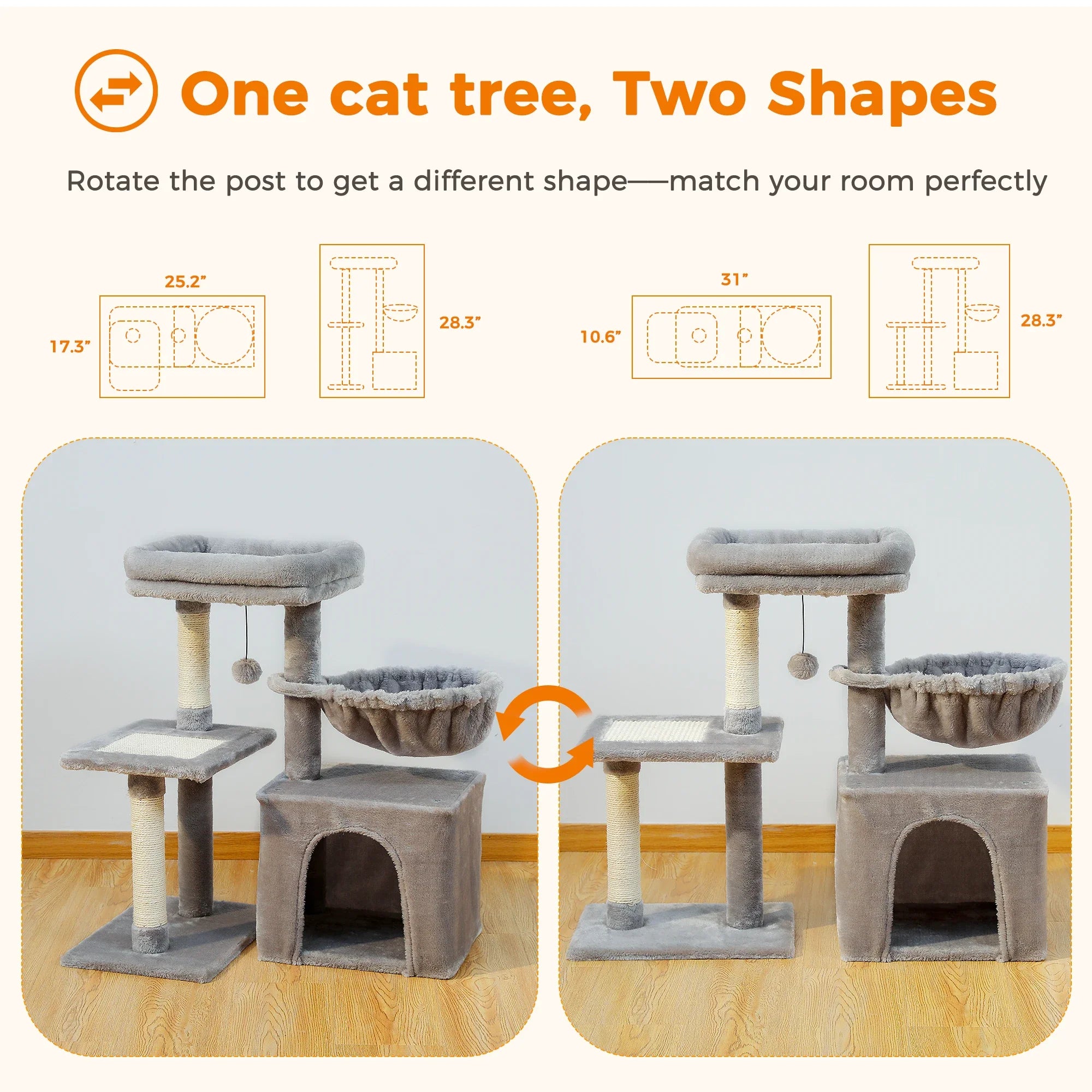 3-Tier Indoor Cat Tree Tower with Sisal Scratching Posts, Large Hammock & Removable Top Perch – Grey