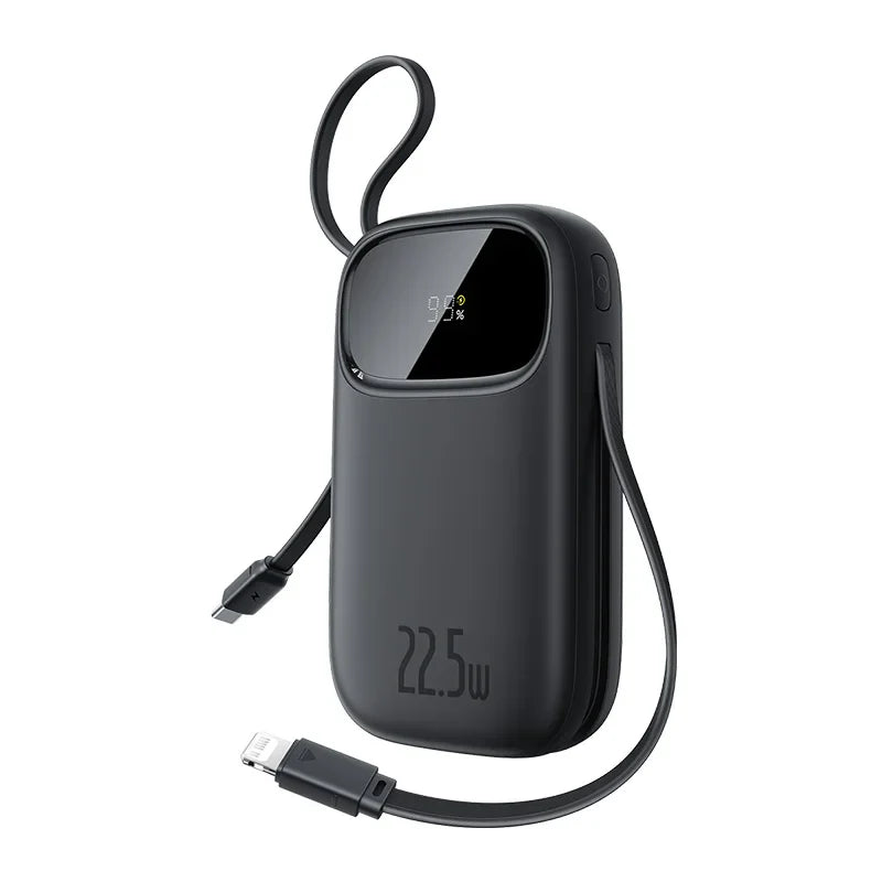 22.5W Fast Charging 10000mAh / 20000mAh Power Bank with Built-In Retractable USB-C & Lightning Cables – Portable Charger for iPhone, Samsung, Xiaomi