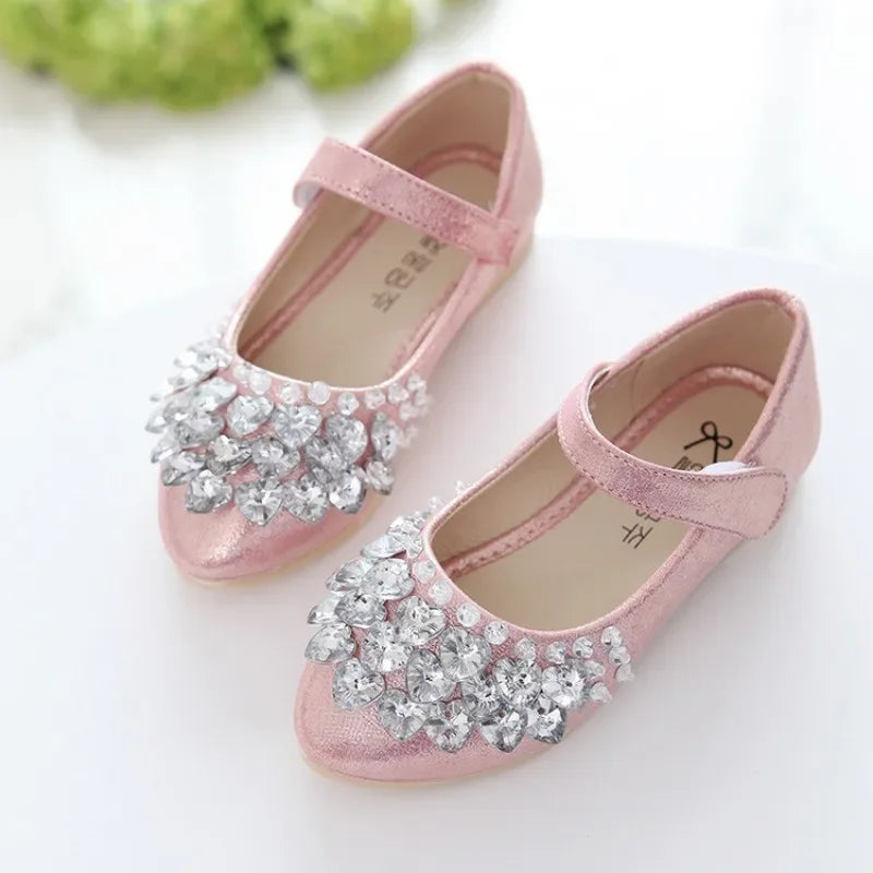 Girls Crystal Princess Flats – Shiny PU Leather Party & Wedding Shoes for Kids, EU Sizes 26-36 (Gold Pink Silver)