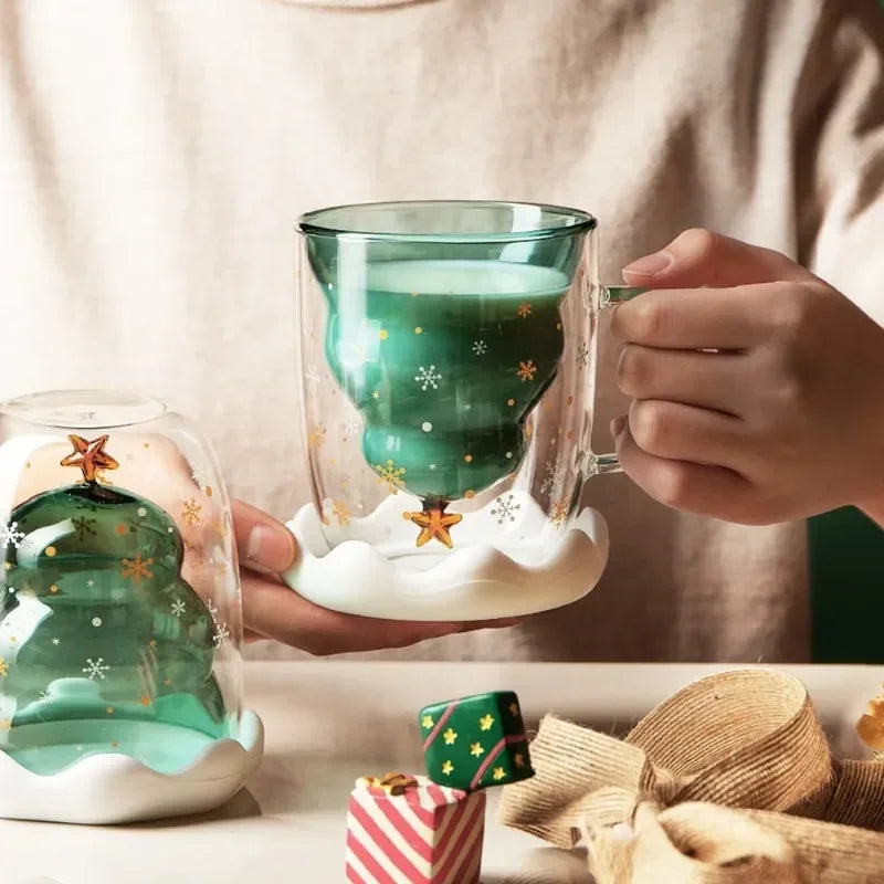 Christmas Tree Double Wall Glass Coffee Mug 300ml (10 fl oz), Heat-Resistant Cartoon Snow Mountain Design