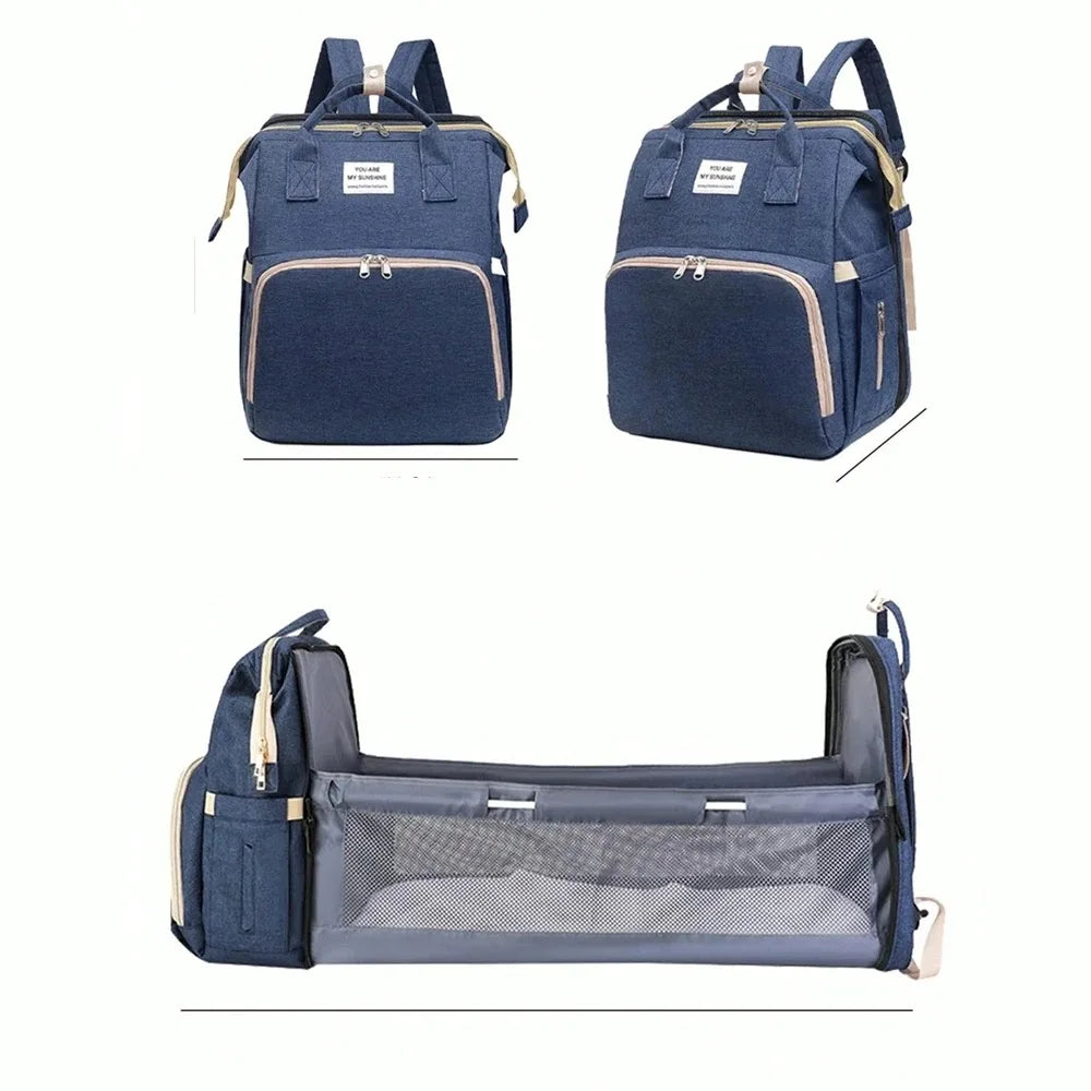 Foldable Diaper Bag with Portable Folding Crib Bed Lightweight Large-Capacity Baby Backpack