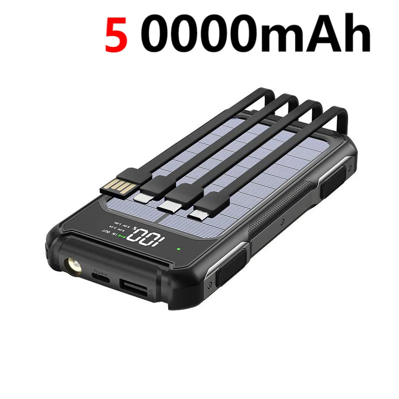 200000mAh Solar Power Bank — 4-in-1 Built-in Cables, Fast Charge, Digital Display & LED Emergency Light