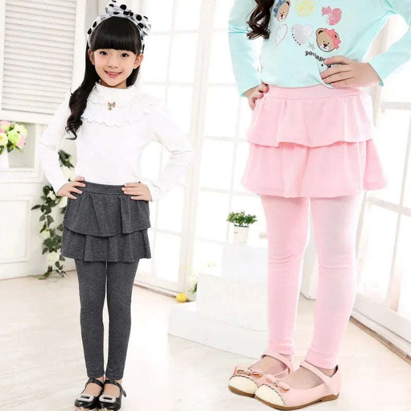Girls Skirted Leggings - Cotton-Blend Ruffled Cake Skirt Pants for Ages 3–11 (Spring/Autumn)
