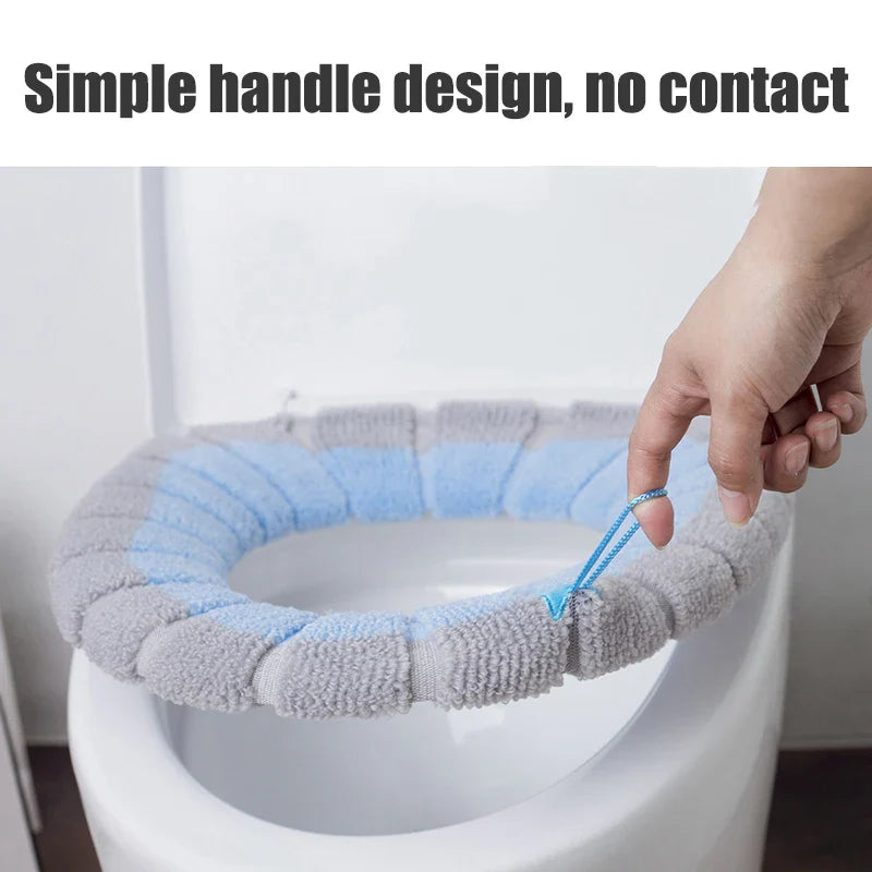 Universal Thick Knit Toilet Seat Cover Cushion - Soft Washable Padded Toilet Seat Warmer with Lid Handle