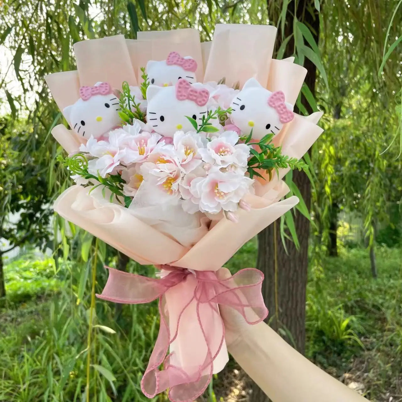 Kawaii Cat Plush Bouquet with Artificial Flowers — Cute Plush Doll Gift for Her, Valentine, Birthday, Graduation