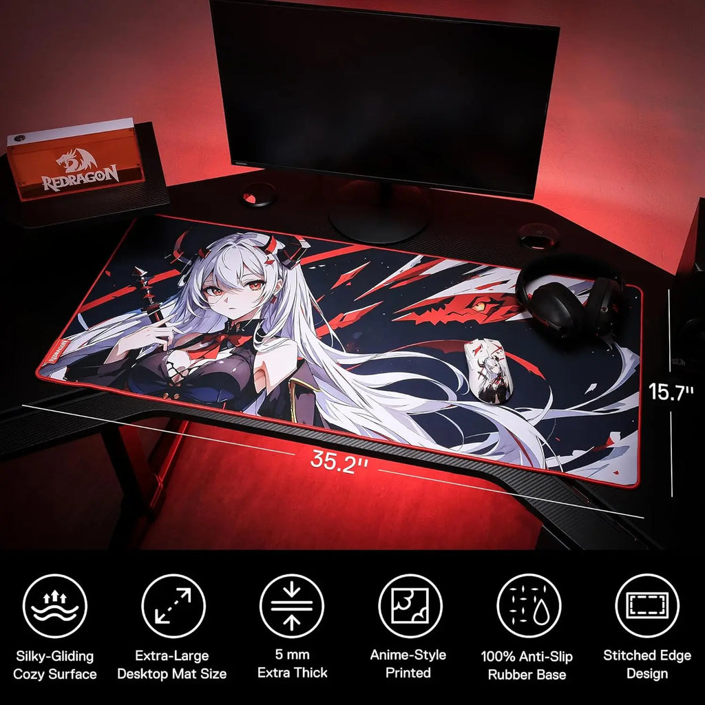 Anime Gaming Mouse Pad — Smooth Lycra Surface, Non-Slip Rubber Base, Spill-Resistant, 13×10 in (33×25 cm) & 35×16 in (89×41 cm)