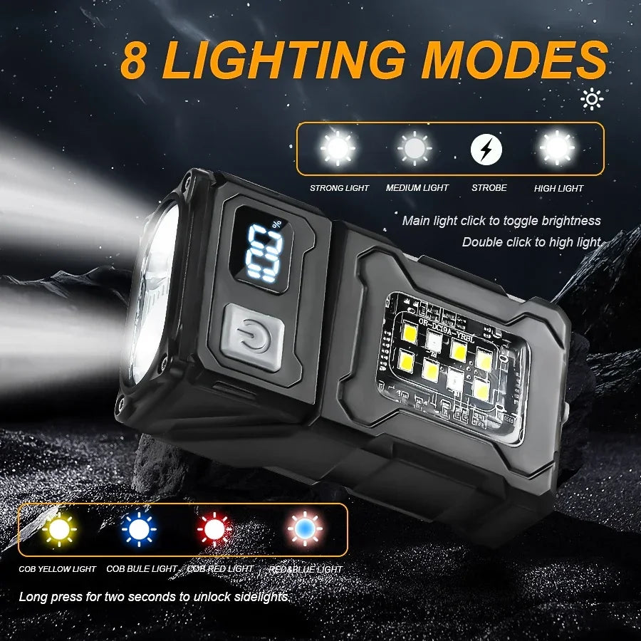 Mini USB Rechargeable LED Flashlight with Tail Magnet – 300 Lumen COB Side Light, Type-C Portable Camping Lantern & Power Bank