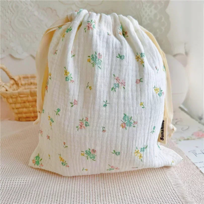 Printed Floral Diaper Bag – Cotton Drawstring Mommy Nappy Bag, Travel & Stroller-Friendly Organizer