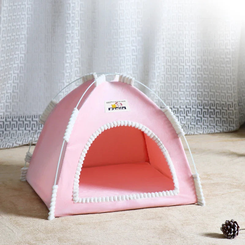 Foldable Cat & Small Dog Tent Bed — Portable Breathable Plush Pet House with Summer Cooling Mat