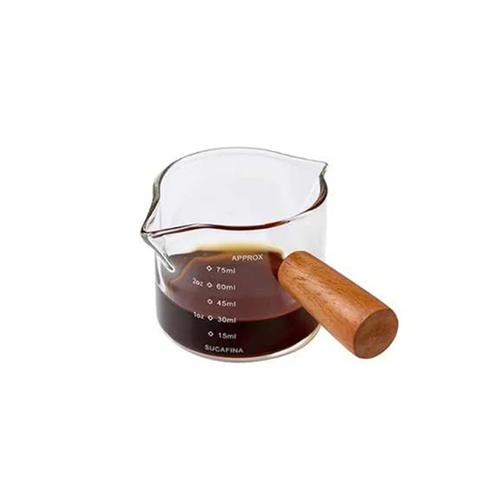 Heat-Resistant Glass Measuring Cup with Wood Handle - Clear Espresso & Milk Pouring Pitcher