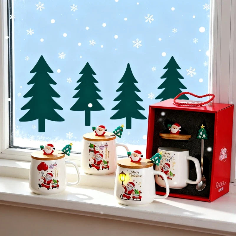 Christmas Tree Ceramic Mug with Lid and Spoon, Holiday Coffee & Tea Gift