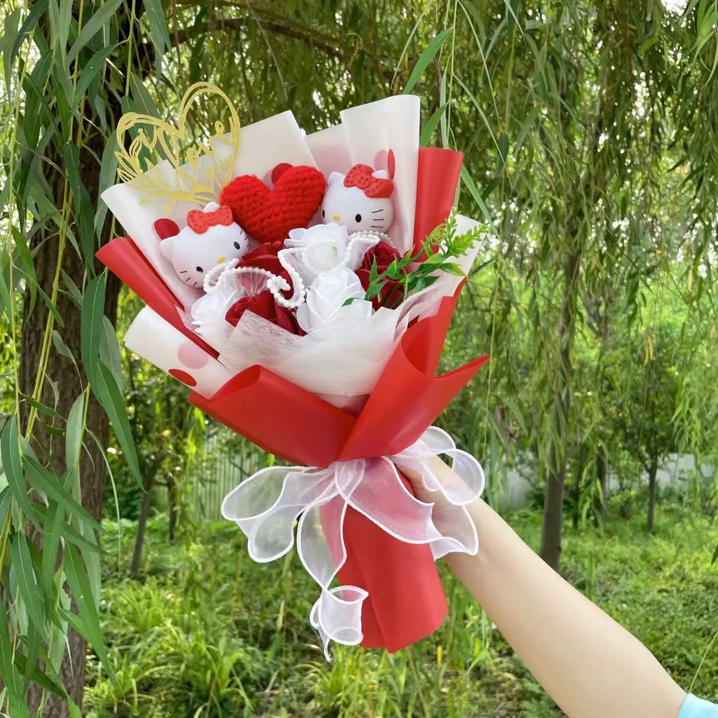 Kawaii Cat Plush Bouquet with Artificial Flowers — Cute Plush Doll Gift for Her, Valentine, Birthday, Graduation