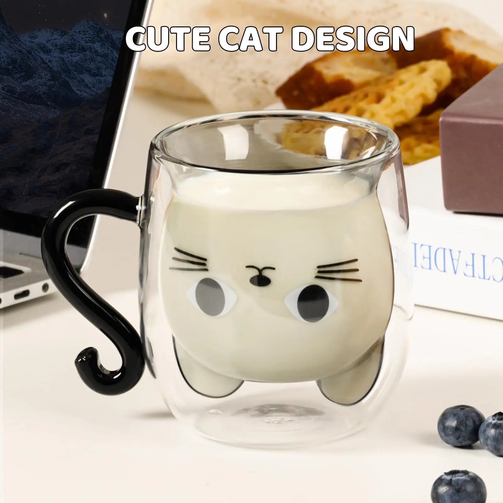 Cute Cat Double-Wall Insulated Glass Coffee Mug with Handle, Cartoon Couple Teacup for Home & Office