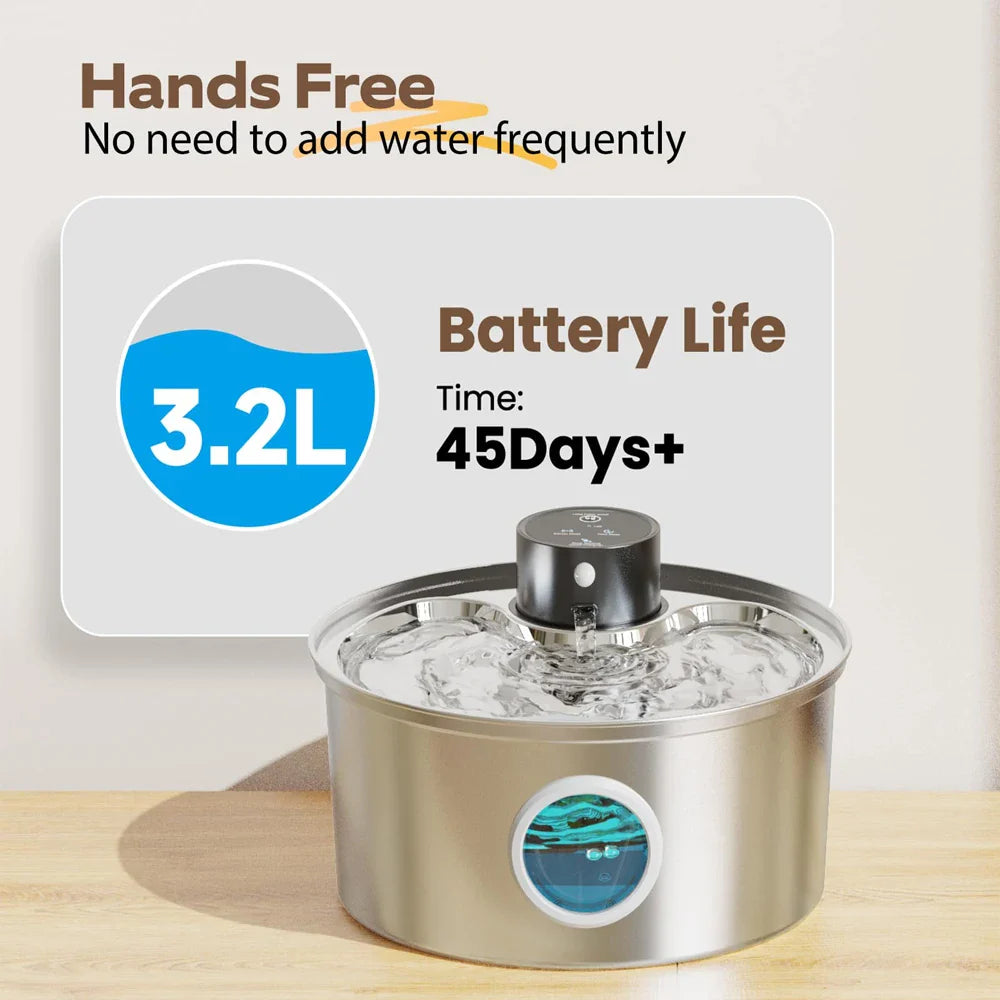 3.2L (108 fl oz / 0.85 gal) Rechargeable USB Stainless Steel Cat and Dog Water Fountain with Automatic Sensor for Multiple Pets