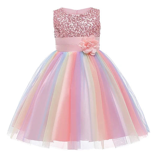 Sequins Girls Dress Summer Flower Fashion Rainbow Mesh Little Princess Dresses