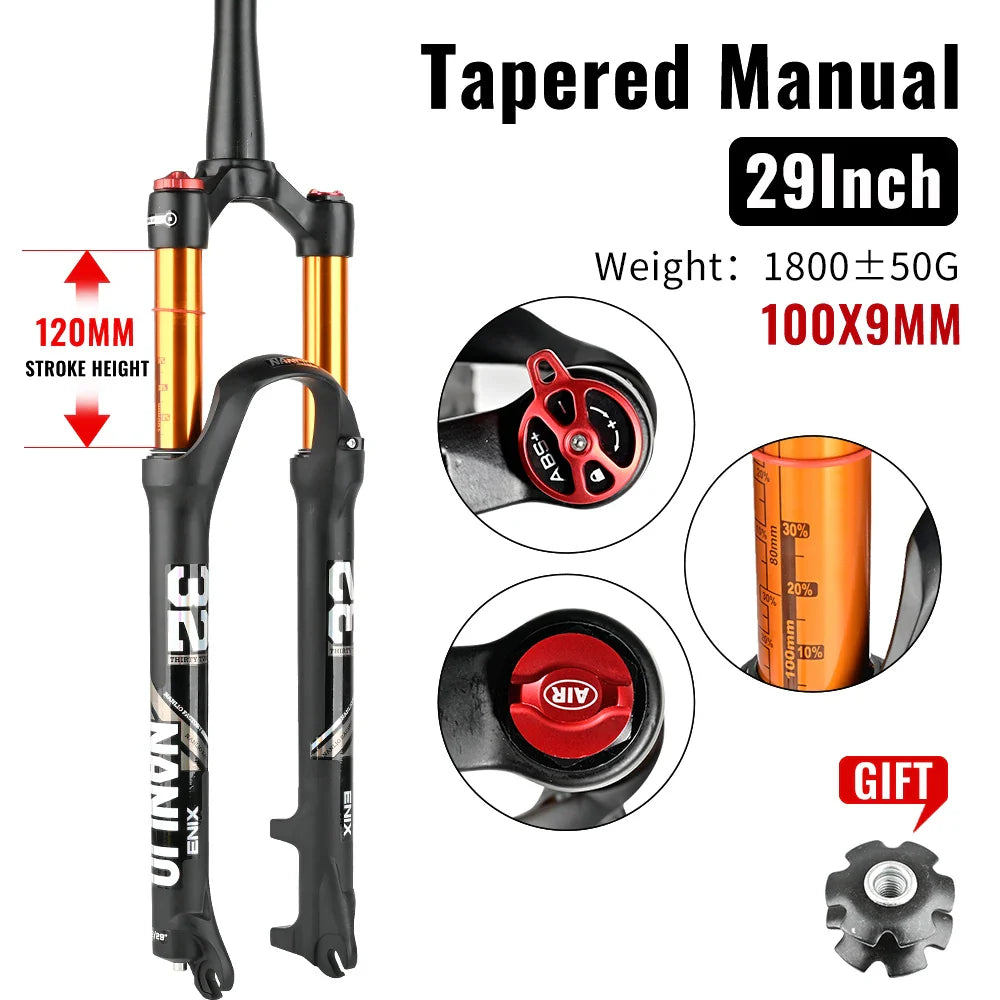MTB Suspension Fork – Solo Air & Oil Damping, Quick Lockout, Magnesium Alloy, Disc Brake Compatible, Fits 26/27.5/29 in Wheels (Straight or Tapered Steerer)