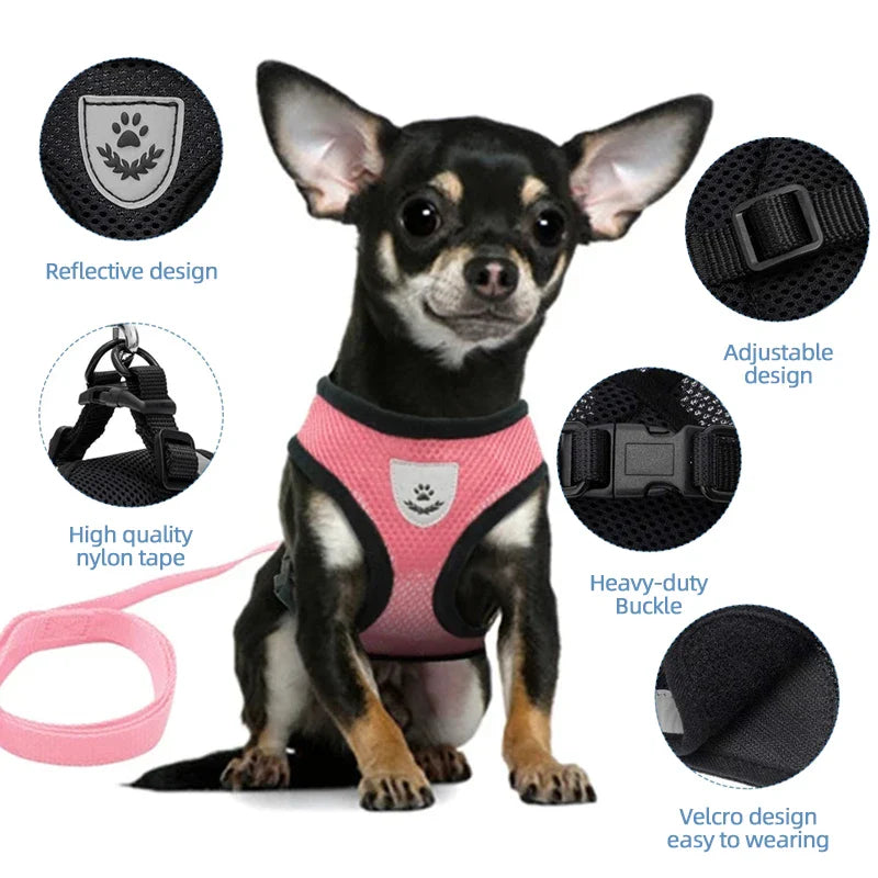 Adjustable Mesh Cat & Small Dog Harness Vest with 1.2m Leash S-XL Breathable Polyester Reflective