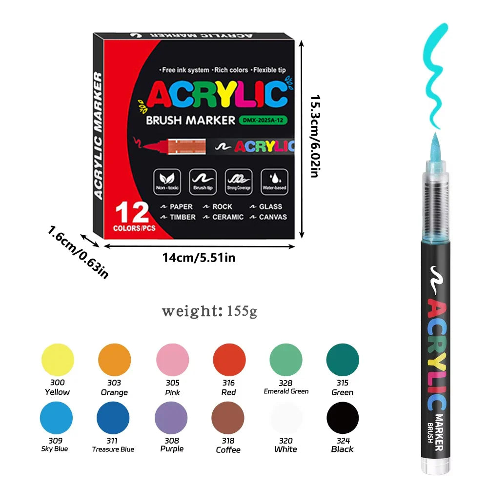 12/24/36/48/60-Color Acrylic Brush Paint Markers - Soft Brush Tip for Canvas, Stone & DIY Art