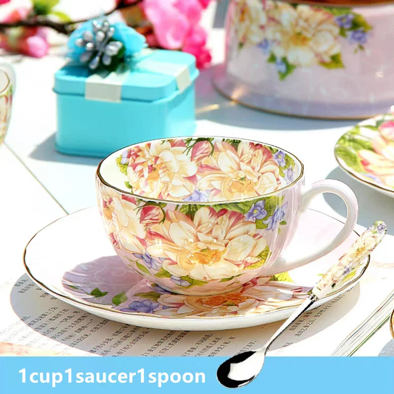 Bone China Afternoon Tea Cup Set with Saucer & Spoon — 200–210ml (6.8–7.1 fl oz) Teacup for Home, Office & Cafe Gift