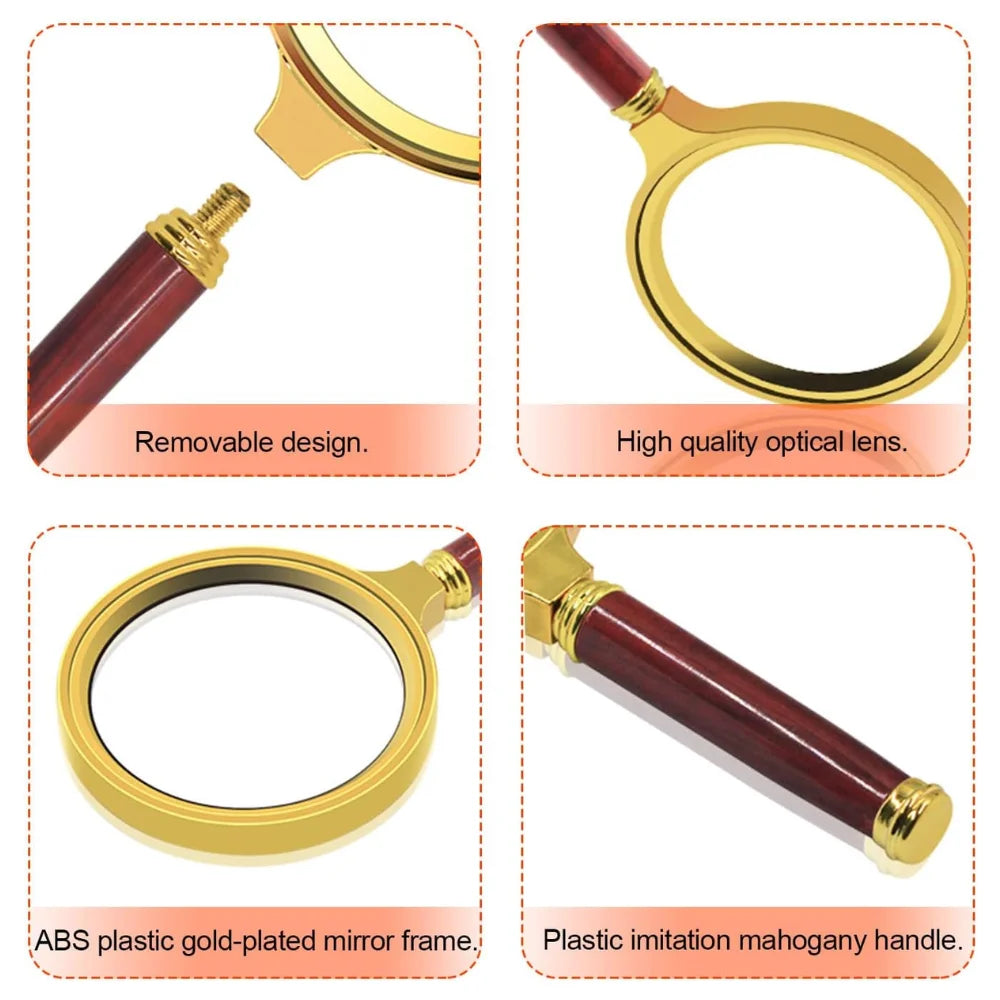 10x Handheld Magnifying Glass with Wooden Handle — 60/70mm (2.36/2.76 in) Lens for Reading, Jewelry and Repair