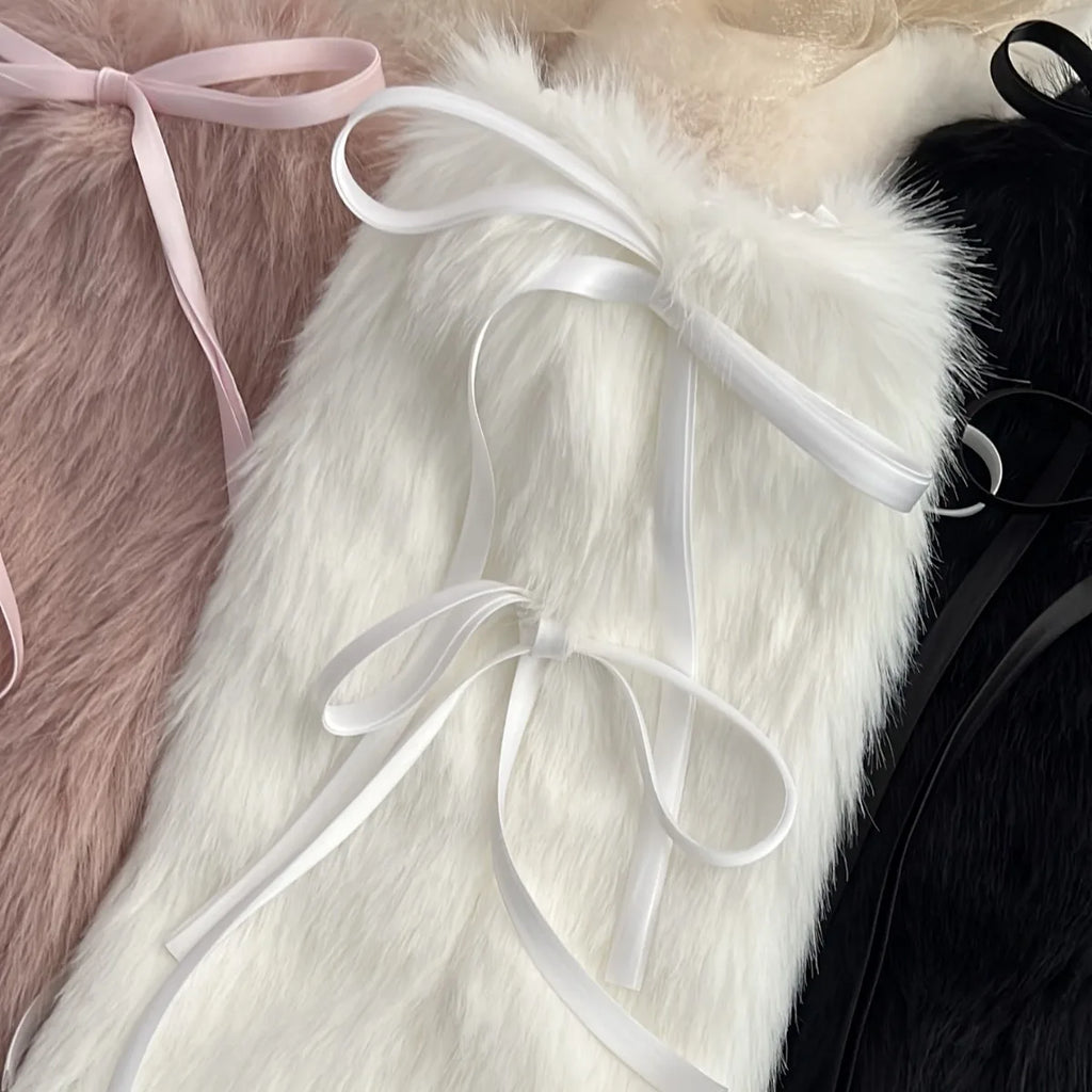 JK Harajuku Furry Plush Boot Cuffs Leg Warmers with Ribbon Bow – White Winter Boot Covers