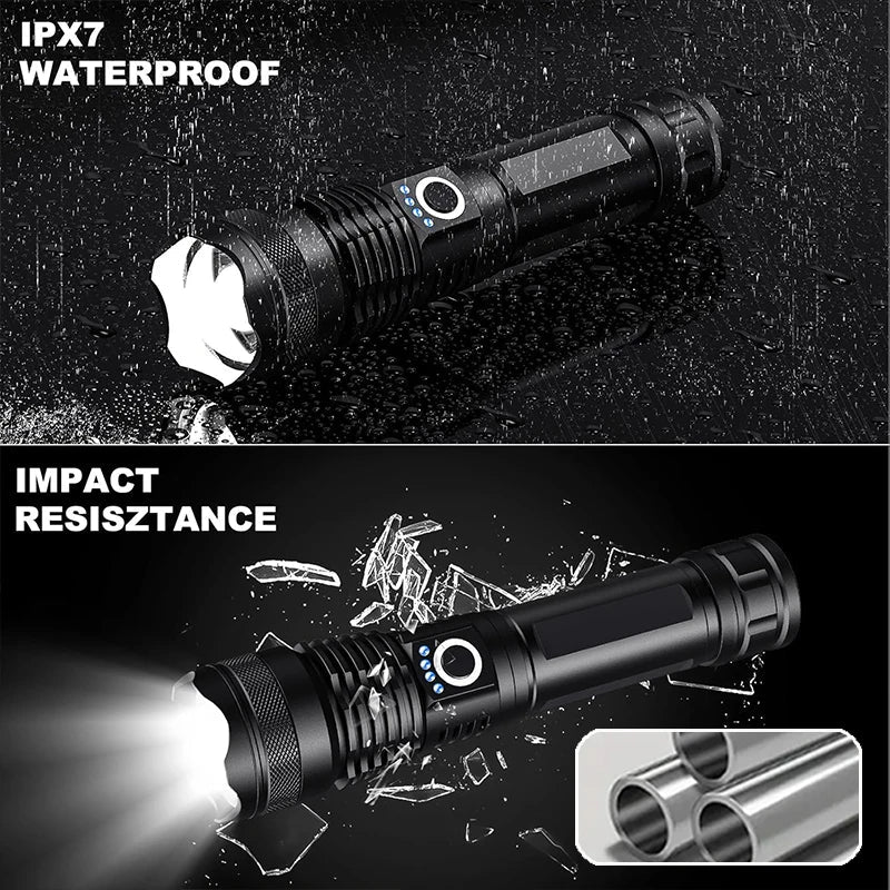 High-Power Rechargeable LED Tactical Flashlight, Aluminum Telescopic Zoom, USB-C, IPX65 Waterproof for Camping & Fishing
